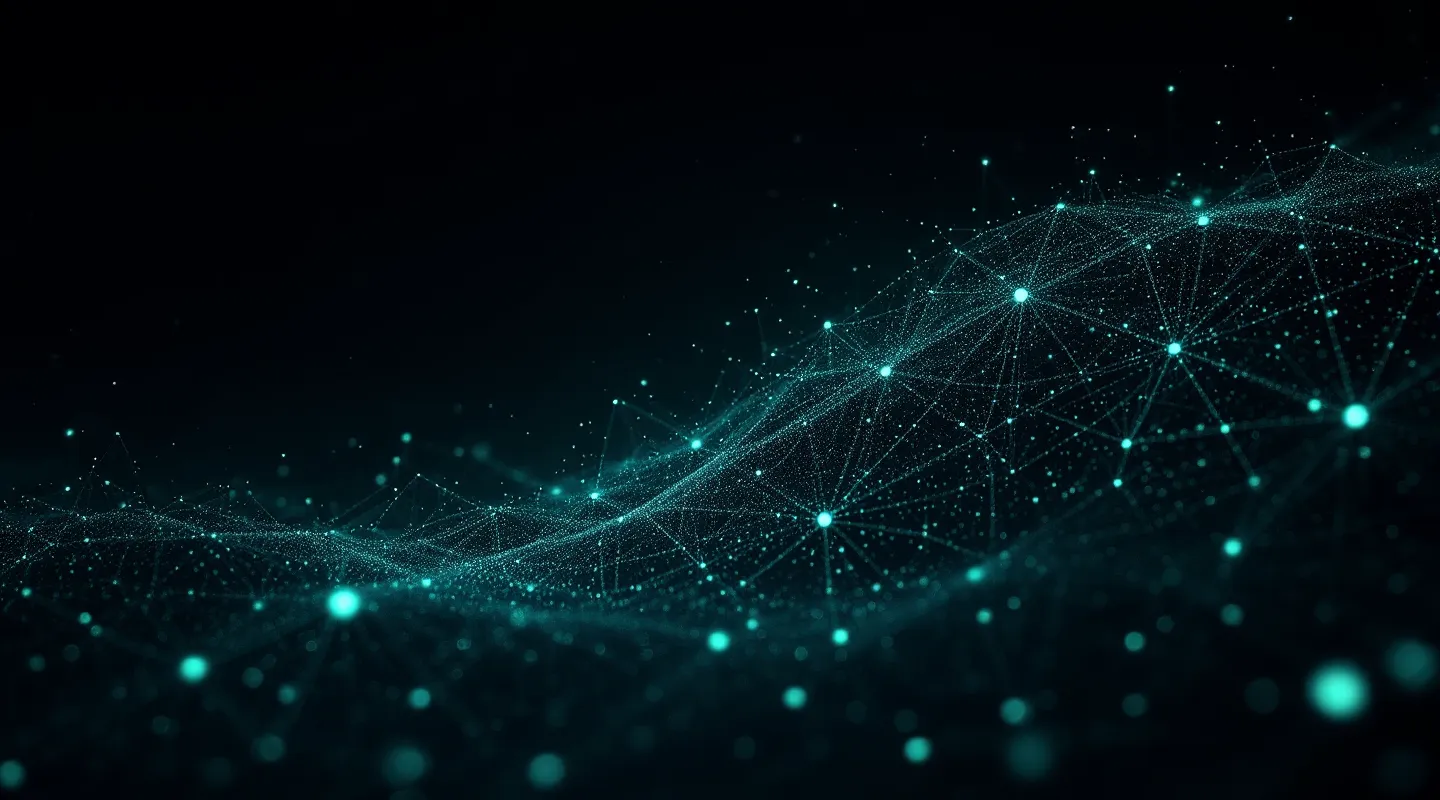 Abstract neural-network graph on charcoal with signal-green and cyan accents